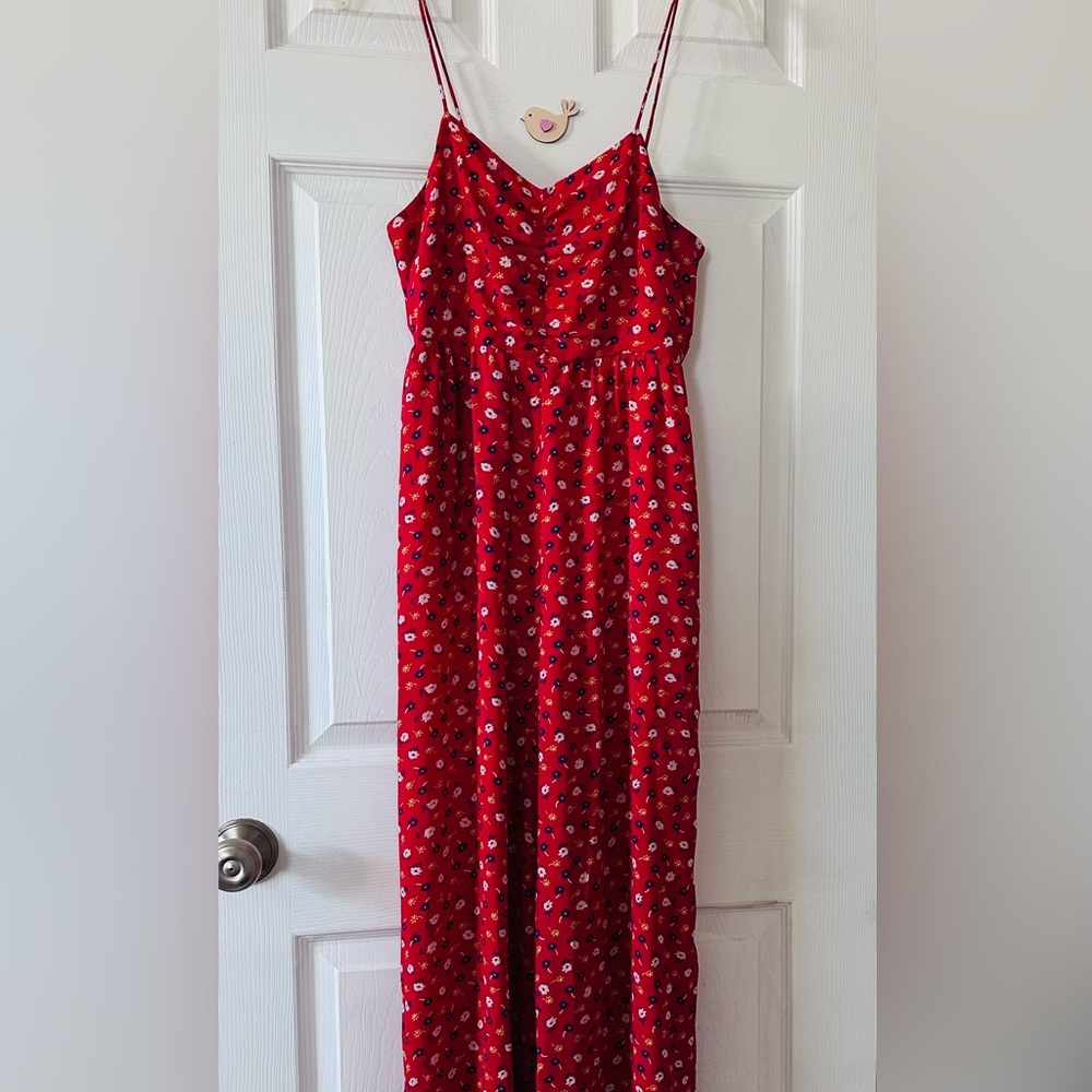 Madewell Red Floral Spaghetti-Strap Jumpsuit